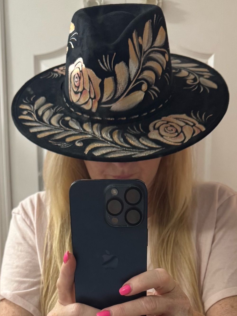 Hand-Painted Black Floral Wide-Brim Women's Hat